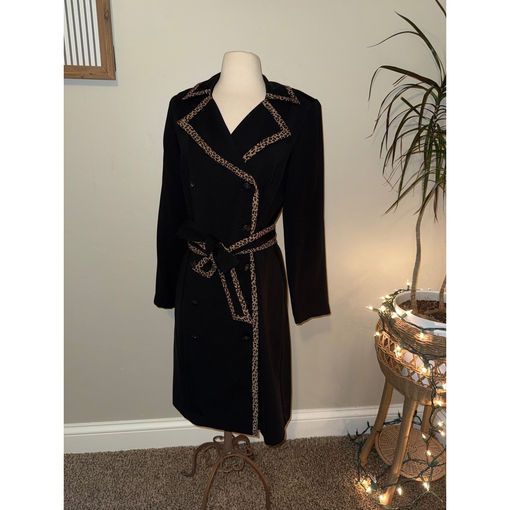 Dressbarn Black Leopard Trim Double Breasted Trench Coat Dress Size 10